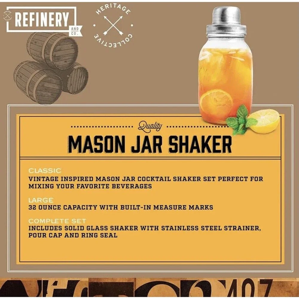 Refinery Classic Mason Jar Cocktail Shaker Glass Jar Martini Clear 32 oz NEW